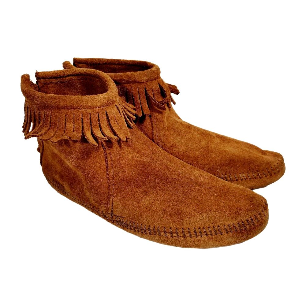 Minnetonka Back Zip Softsole Boot Moccasin Bootie Womens 7.5 Fringe Suede Boho